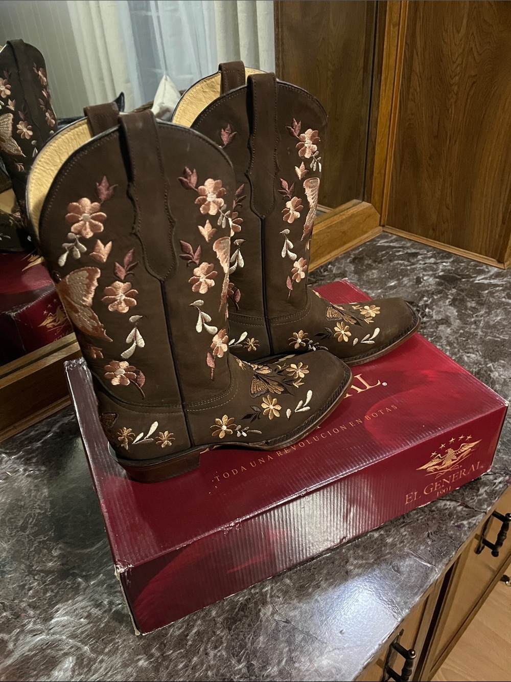 El General Brown Lace-Up Western Boots with Pink and Cream Floral Embroidery